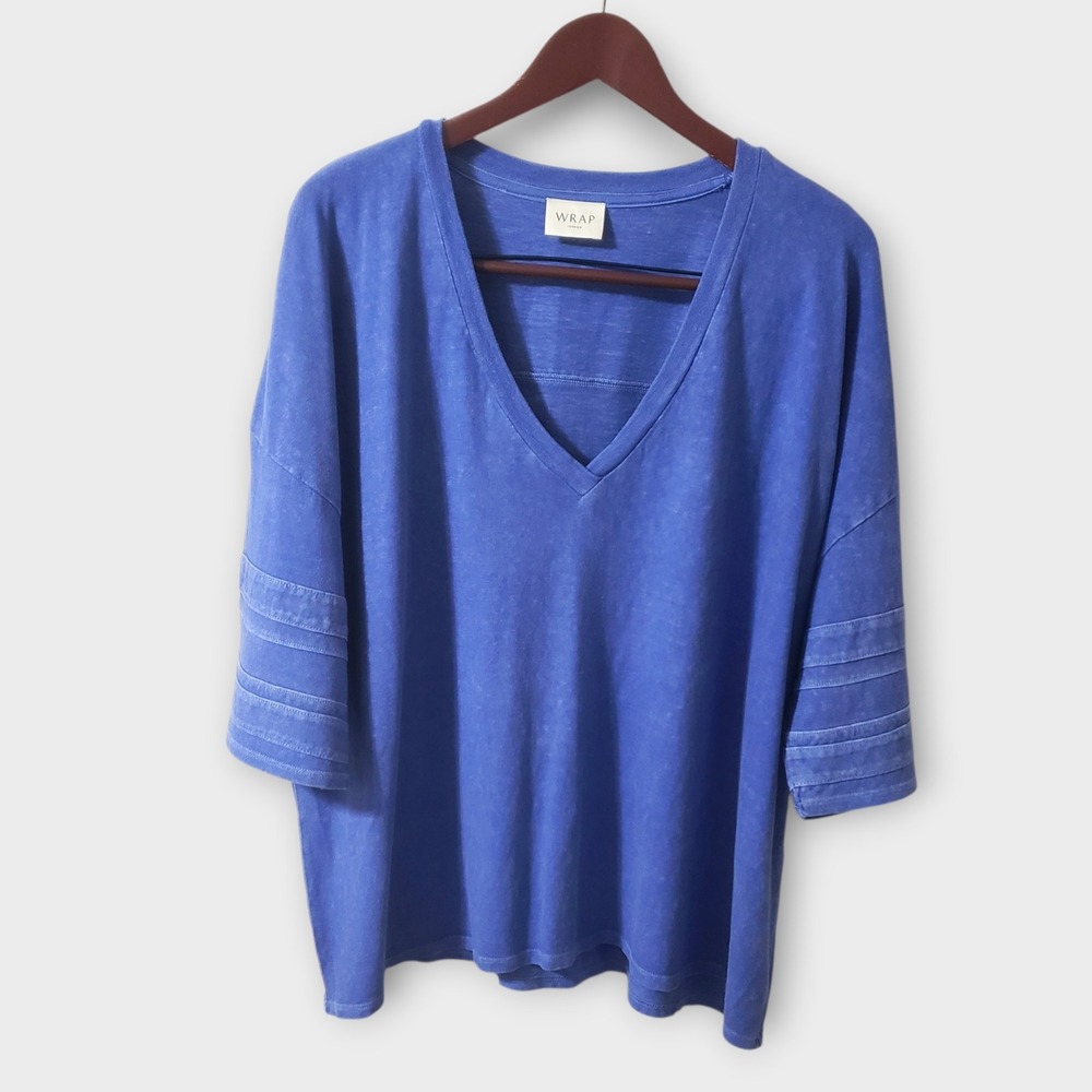 Wrap London Blue Hemp Organic Cotton V-Neck Oversized Tee Shirt US 16 ZQ60